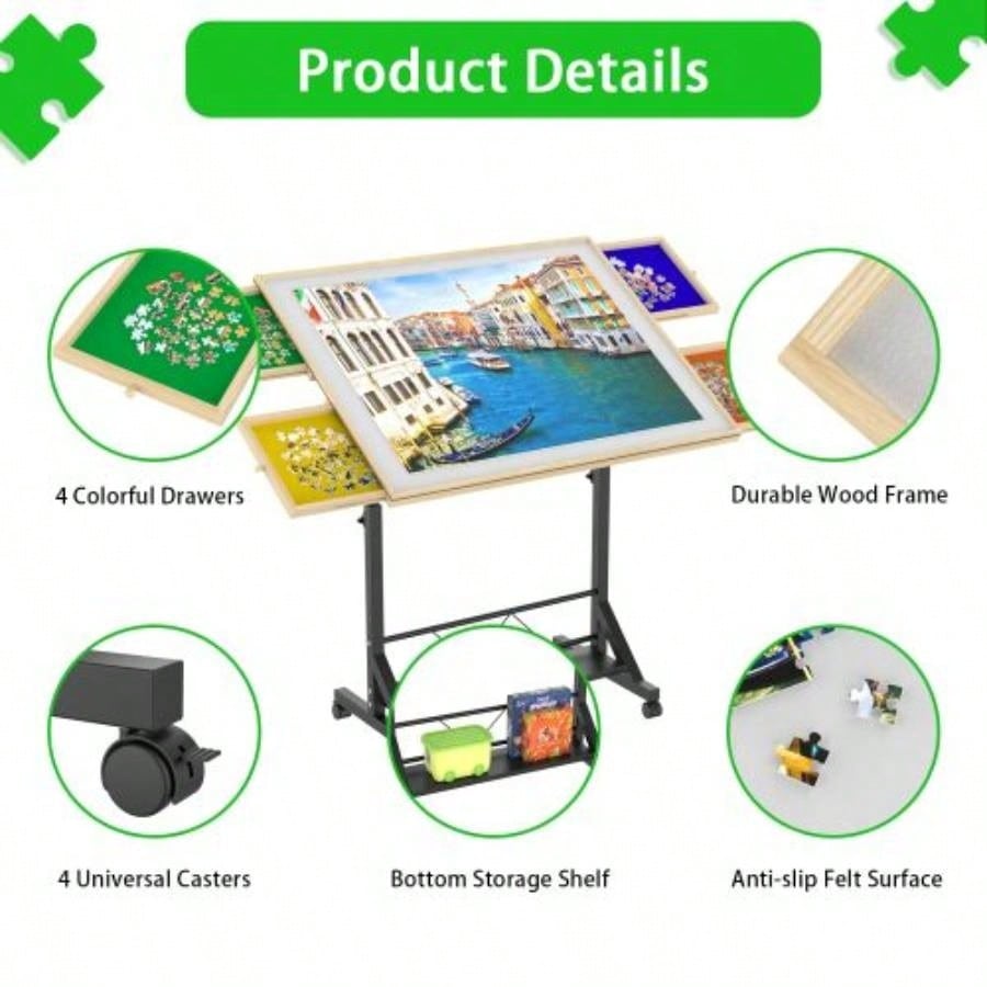 Wooden 1500 Piece Puzzle Table with Drawer, 3527.17 Adjustable Puzzle Table, 360 Tilting Puzzle Table with and Wheels, Adjustable Height and Angle, with Protective Cover BACK TO SCHOOL