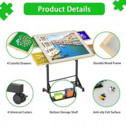 Wooden 1500 Piece Puzzle Table with Drawer, 3527.17 Adjustable Puzzle Table, 360 Tilting Puzzle Table with and Wheels, Adjustable Height and Angle, with Protective Cover BACK TO SCHOOL