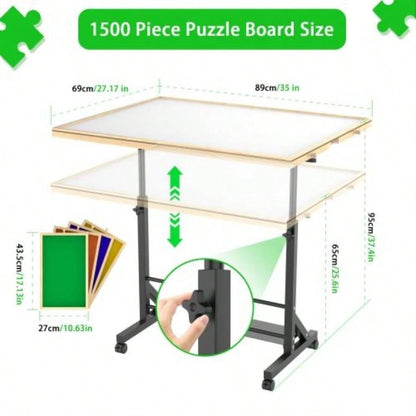 Wooden 1500 Piece Puzzle Table with Drawer, 3527.17 Adjustable Puzzle Table, 360 Tilting Puzzle Table with and Wheels, Adjustable Height and Angle, with Protective Cover BACK TO SCHOOL