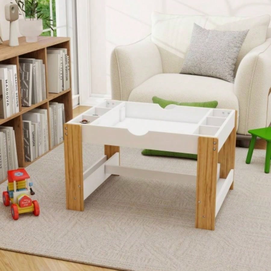 Kids 2 in 1 Table with Storage Compartments, Compatible with Building Block, Modern Activity Learning Table Game Furniture - White