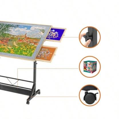 Wooden 1500 Piece Puzzle Table with Drawer, 3527.17 Adjustable Puzzle Table, 360 Tilting Puzzle Table with and Wheels, Adjustable Height and Angle, with Protective Cover BACK TO SCHOOL