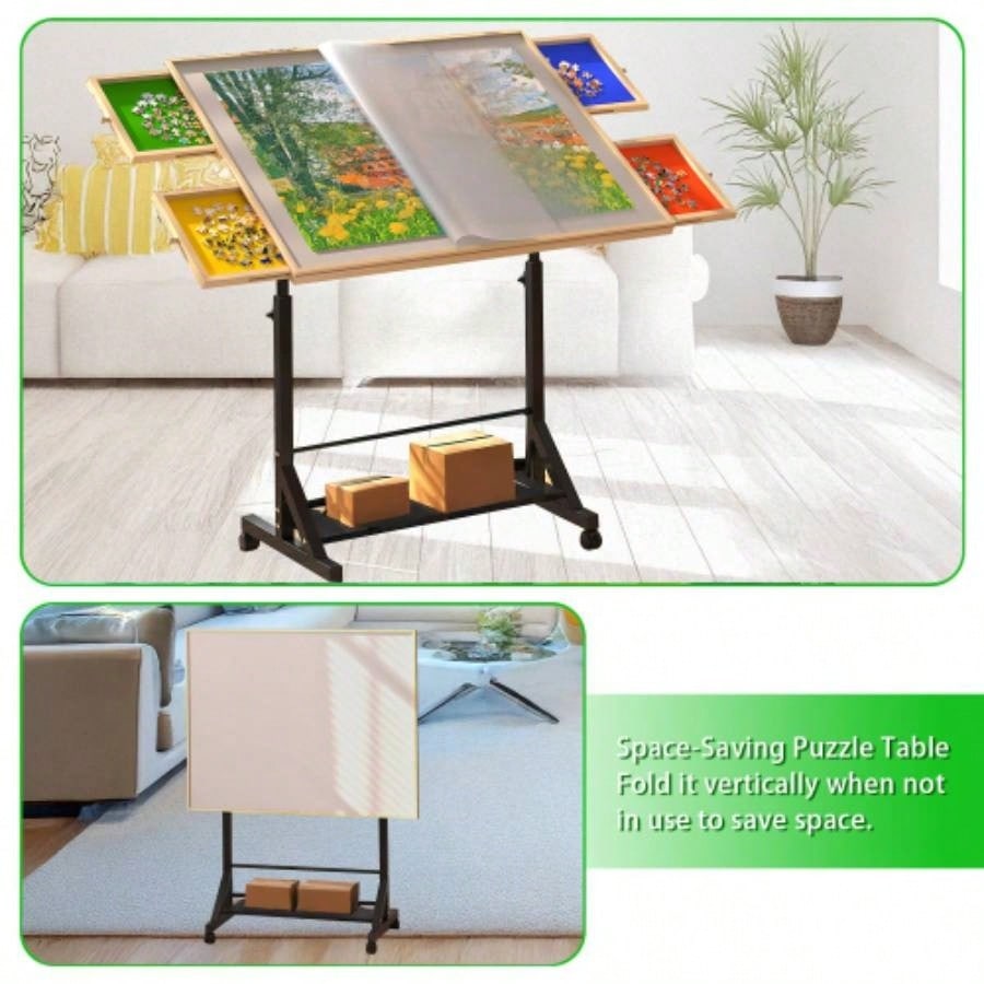 Wooden 1500 Piece Puzzle Table with Drawer, 3527.17 Adjustable Puzzle Table, 360 Tilting Puzzle Table with and Wheels, Adjustable Height and Angle, with Protective Cover BACK TO SCHOOL