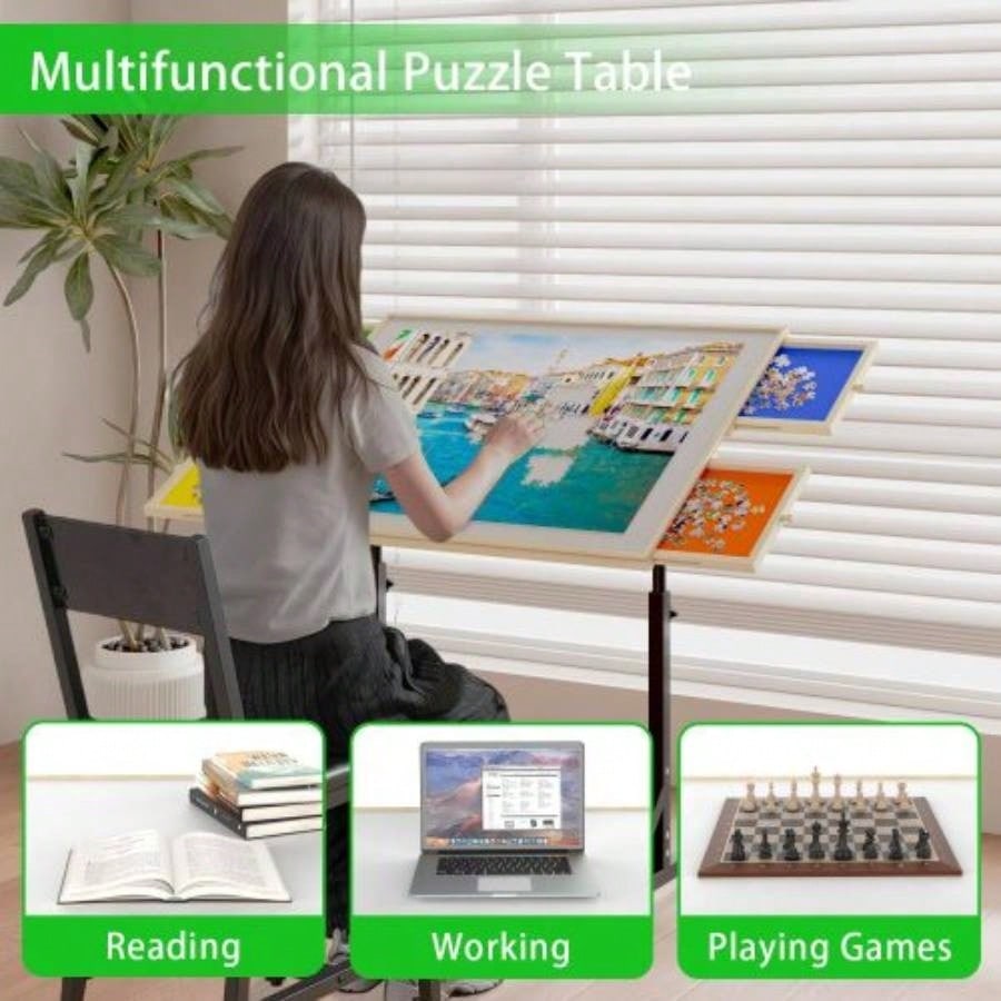 Wooden 1500 Piece Puzzle Table with Drawer, 3527.17 Adjustable Puzzle Table, 360 Tilting Puzzle Table with and Wheels, Adjustable Height and Angle, with Protective Cover BACK TO SCHOOL