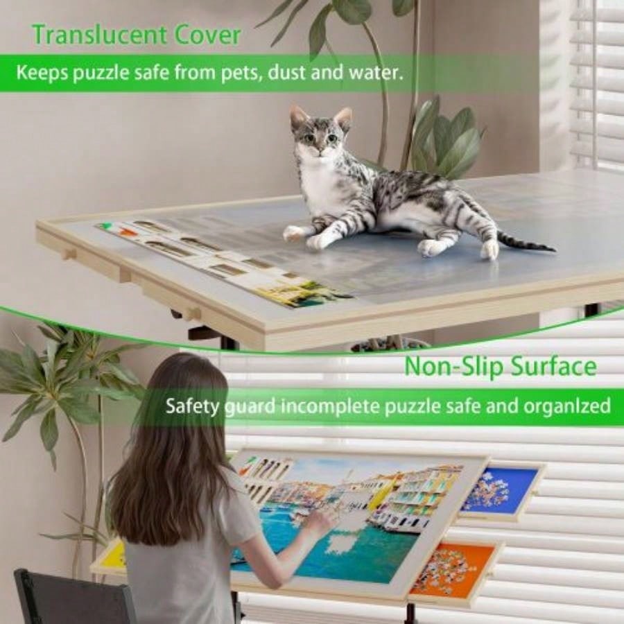 Wooden 1500 Piece Puzzle Table with Drawer, 3527.17 Adjustable Puzzle Table, 360 Tilting Puzzle Table with and Wheels, Adjustable Height and Angle, with Protective Cover BACK TO SCHOOL