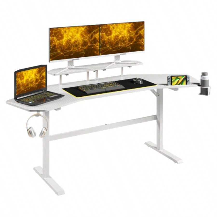 Techni Sport TS911D Gaming Desk with Shelves Accessory Holder, White