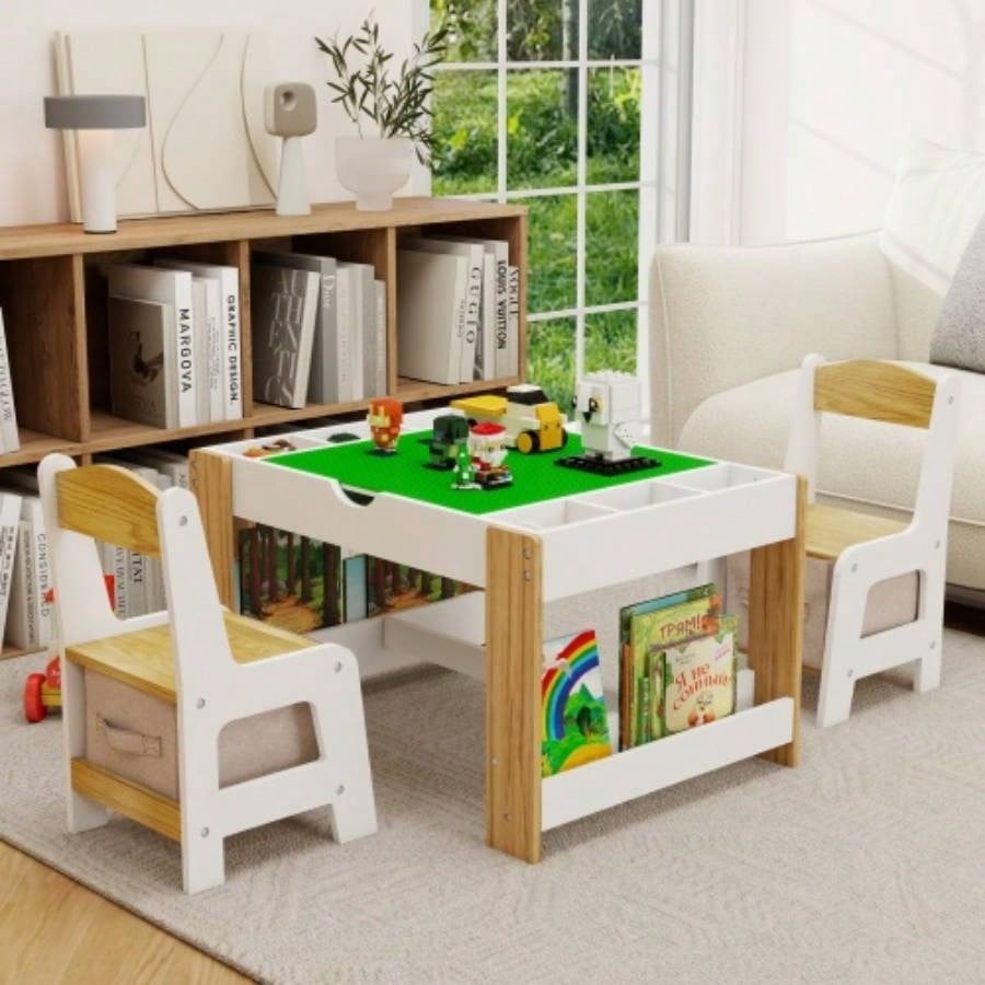 Kids 2 in 1 Table 2 Chairs Set, with Storage Compartments, Compatible with Building Block, Modern Activity Learning Table Game Furniture - White