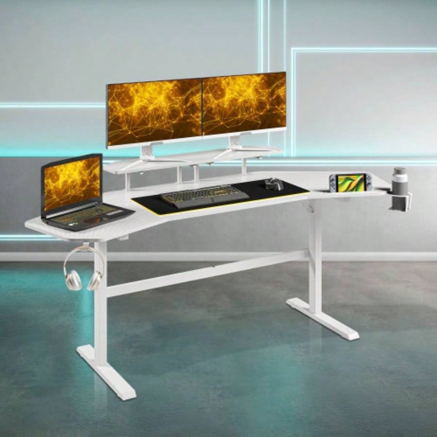 Techni Sport TS911D Gaming Desk with Shelves Accessory Holder, White
