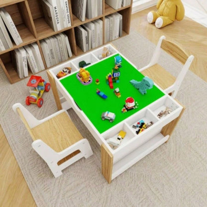 Kids 2 in 1 Table 2 Chairs Set, with Storage Compartments, Compatible with Building Block, Modern Activity Learning Table Game Furniture - White
