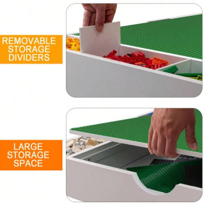 Kids 2 in 1 Table 2 Chairs Set, with Storage Compartments, Compatible with Building Block, Modern Activity Learning Table Game Furniture - White