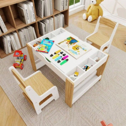 Kids 2 in 1 Table 2 Chairs Set, with Storage Compartments, Compatible with Building Block, Modern Activity Learning Table Game Furniture - White