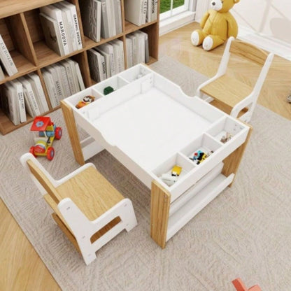 Kids 2 in 1 Table 2 Chairs Set, with Storage Compartments, Compatible with Building Block, Modern Activity Learning Table Game Furniture - White