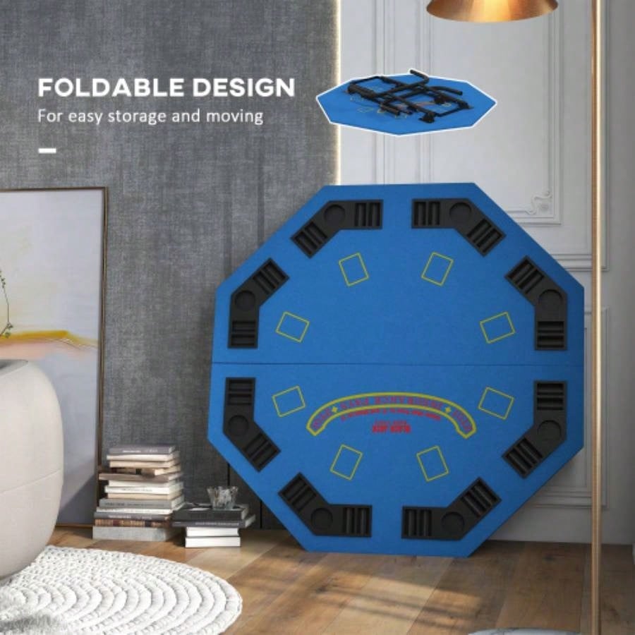 Soozier Poker Table Foldable 47 Octagon Casino Table Blackjack Texas Holdem Poker Table 8 Players with Chips Tray and Cup Holders, Blue