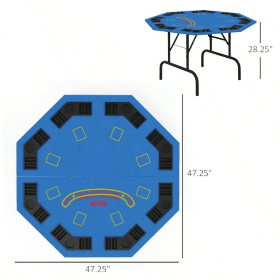 Soozier Poker Table Foldable 47 Octagon Casino Table Blackjack Texas Holdem Poker Table 8 Players with Chips Tray and Cup Holders, Blue