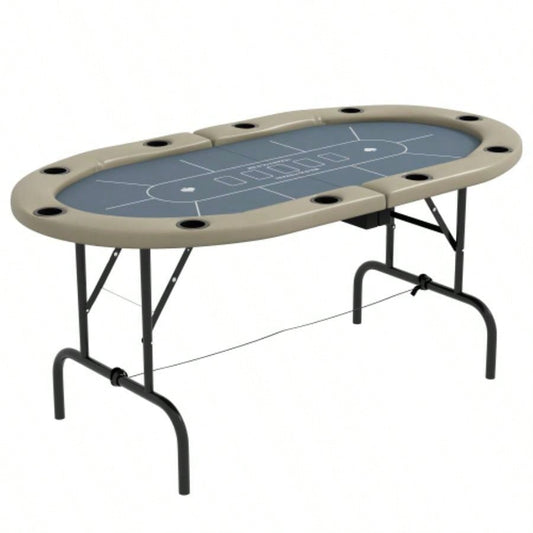 Soozier Poker Table Foldable, 70 Oval Blackjack Casino Texas Holdem Poker Game Table 10 Players with Cup Holders, Blue and Brown