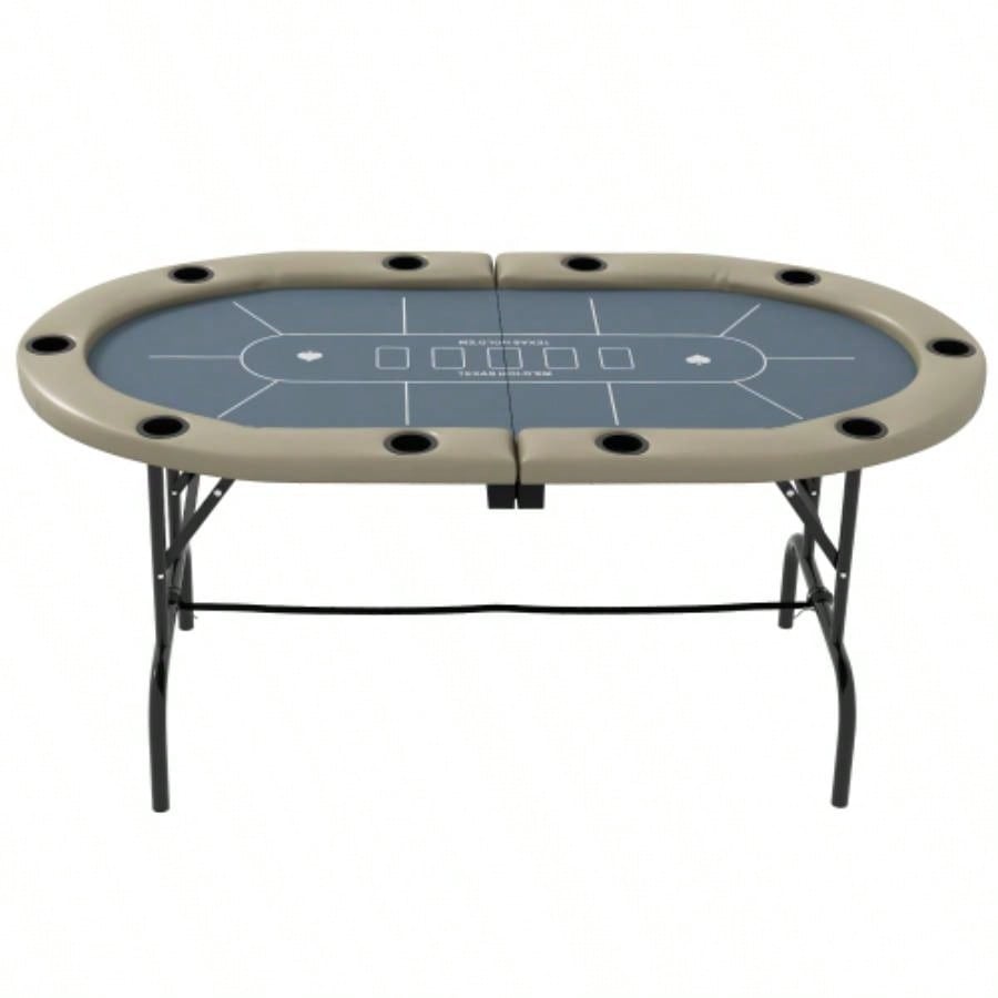 Soozier Poker Table Foldable, 70 Oval Blackjack Casino Texas Holdem Poker Game Table 10 Players with Cup Holders, Blue and Brown