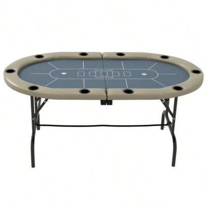 Soozier Poker Table Foldable, 70 Oval Blackjack Casino Texas Holdem Poker Game Table 10 Players with Cup Holders, Blue and Brown