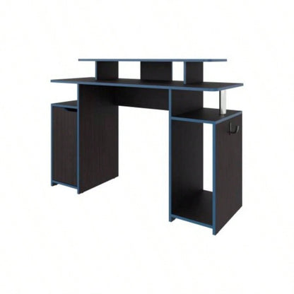 Blue Accents Minimalist Gaming Desk with Elevated Monitor Shelf