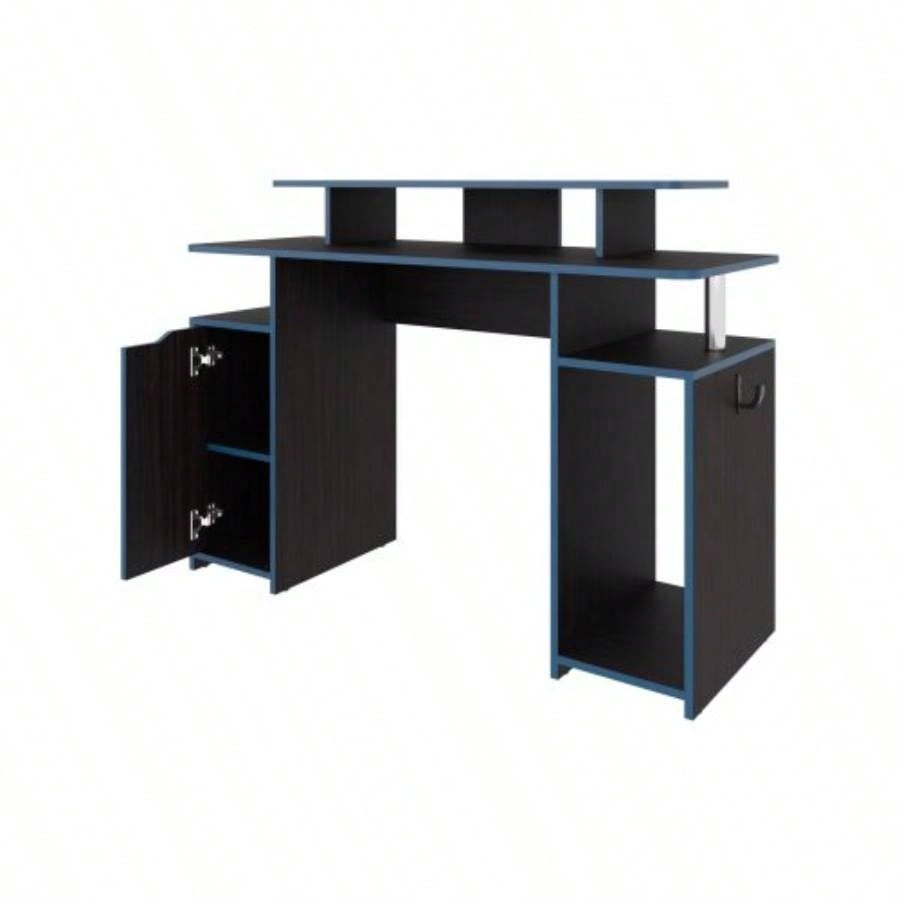 Blue Accents Minimalist Gaming Desk with Elevated Monitor Shelf