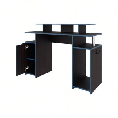 Blue Accents Minimalist Gaming Desk with Elevated Monitor Shelf