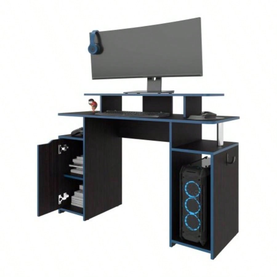 Blue Accents Minimalist Gaming Desk with Elevated Monitor Shelf