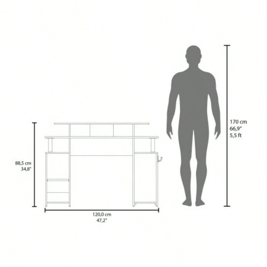 Blue Accents Minimalist Gaming Desk with Elevated Monitor Shelf