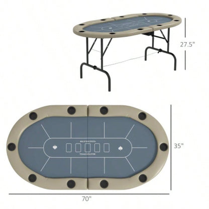 Soozier Poker Table Foldable, 70 Oval Blackjack Casino Texas Holdem Poker Game Table 10 Players with Cup Holders, Blue and Brown