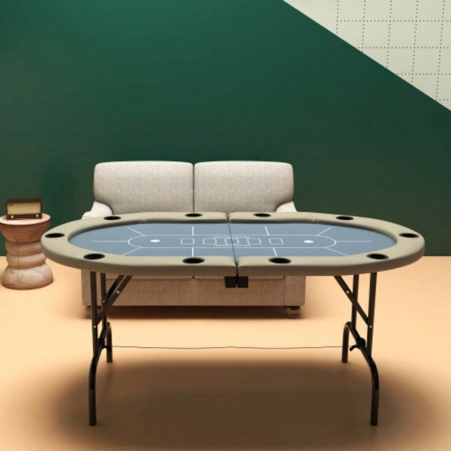 Soozier Poker Table Foldable, 70 Oval Blackjack Casino Texas Holdem Poker Game Table 10 Players with Cup Holders, Blue and Brown