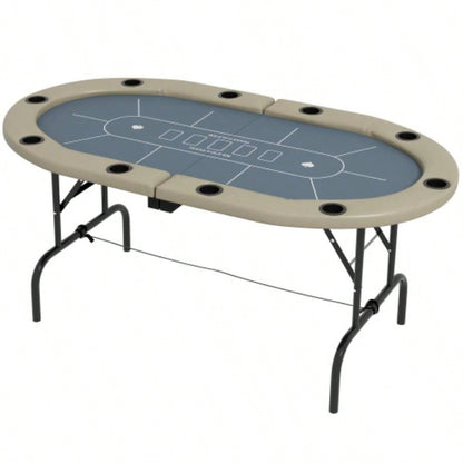 Soozier Poker Table Foldable, 70 Oval Blackjack Casino Texas Holdem Poker Game Table 10 Players with Cup Holders, Blue and Brown