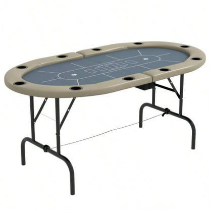 Soozier Poker Table Foldable, 70 Oval Blackjack Casino Texas Holdem Poker Game Table 10 Players with Cup Holders, Blue and Brown