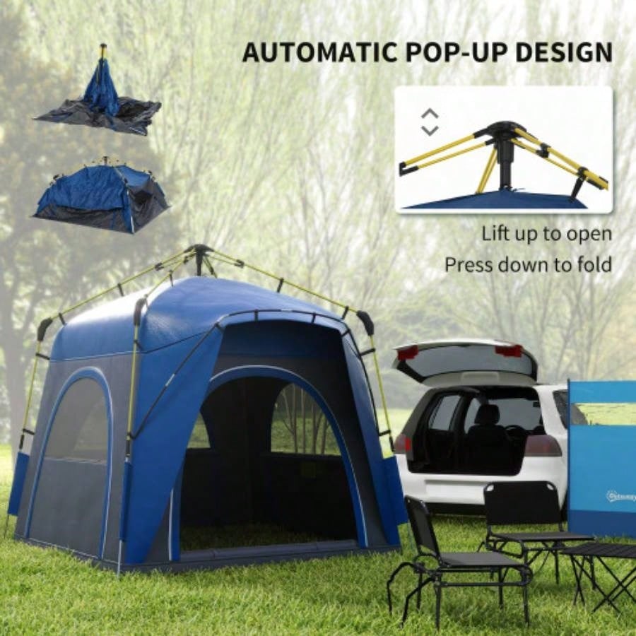 Outsunny Camping Tents 4 Person Up Tent Quick Setup Automatic Hydraulic Family Travel Tent/, Doors Carry Bag Included, Blue