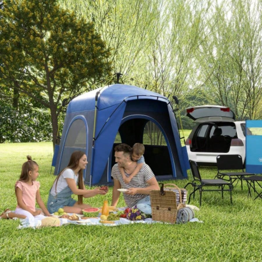 Outsunny Camping Tents 4 Person Up Tent Quick Setup Automatic Hydraulic Family Travel Tent/, Doors Carry Bag Included, Blue
