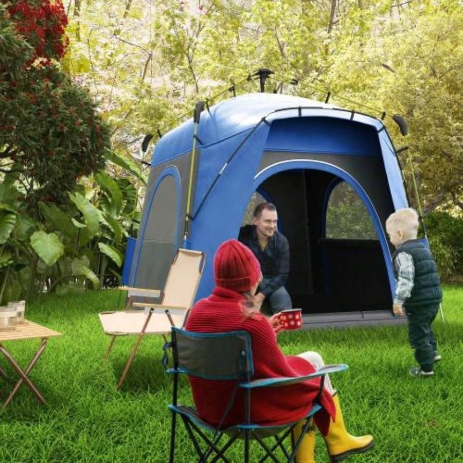 Outsunny Camping Tents 4 Person Up Tent Quick Setup Automatic Hydraulic Family Travel Tent/, Doors Carry Bag Included, Blue