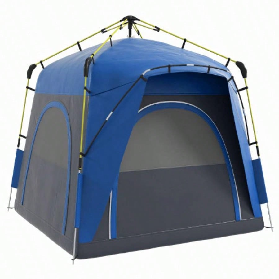 Outsunny Camping Tents 4 Person Up Tent Quick Setup Automatic Hydraulic Family Travel Tent/, Doors Carry Bag Included, Blue