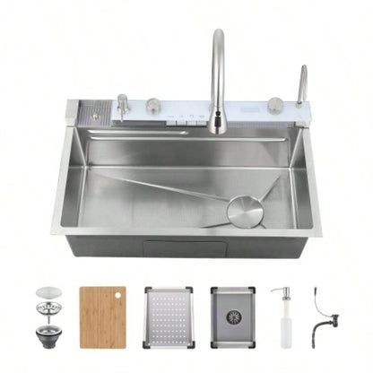 Pull - out Facuet Single Bowl Sink Kitchen Vegetable Sink 304 Whale Waterfall Sink Stainless Steel Dish Sink Vegetable Sink Household Vegetable Washing Basin, Dark Gray