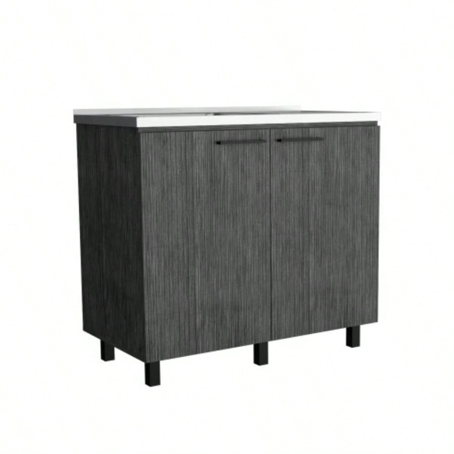2 Freestanding Utility Base Cabinet with Stainless Steel Countertop and 2 - Door, Smokey Oak