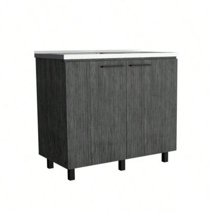 2 Freestanding Utility Base Cabinet with Stainless Steel Countertop and 2 - Door, Smokey Oak