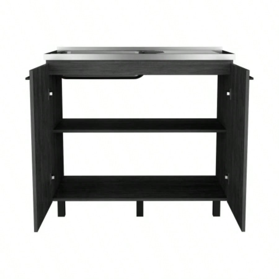 2 Freestanding Utility Base Cabinet with Stainless Steel Countertop and 2 - Door, Smokey Oak