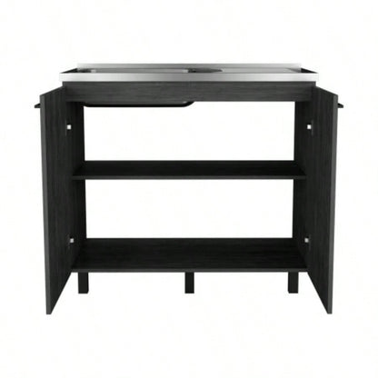 2 Freestanding Utility Base Cabinet with Stainless Steel Countertop and 2 - Door, Smokey Oak