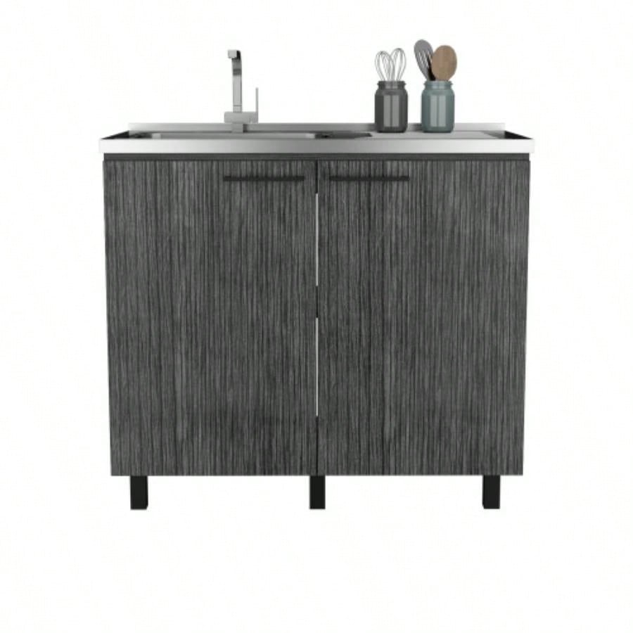 2 Freestanding Utility Base Cabinet with Stainless Steel Countertop and 2 - Door, Smokey Oak