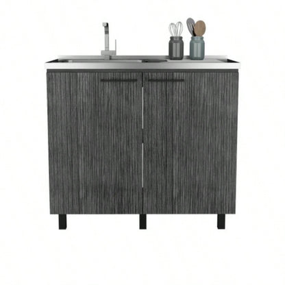 2 Freestanding Utility Base Cabinet with Stainless Steel Countertop and 2 - Door, Smokey Oak