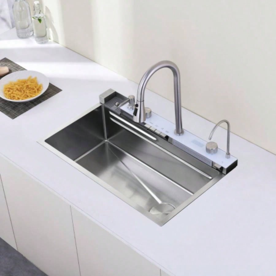 Pull - out Facuet Single Bowl Sink Kitchen Vegetable Sink 304 Whale Waterfall Sink Stainless Steel Dish Sink Vegetable Sink Household Vegetable Washing Basin, Dark Gray
