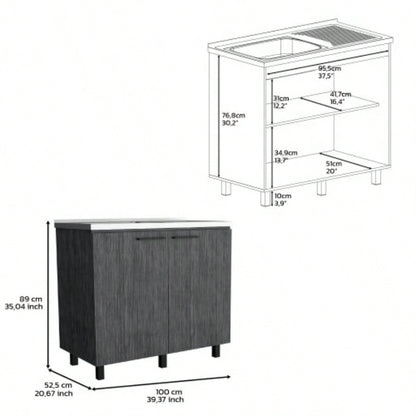 2 Freestanding Utility Base Cabinet with Stainless Steel Countertop and 2 - Door, Smokey Oak