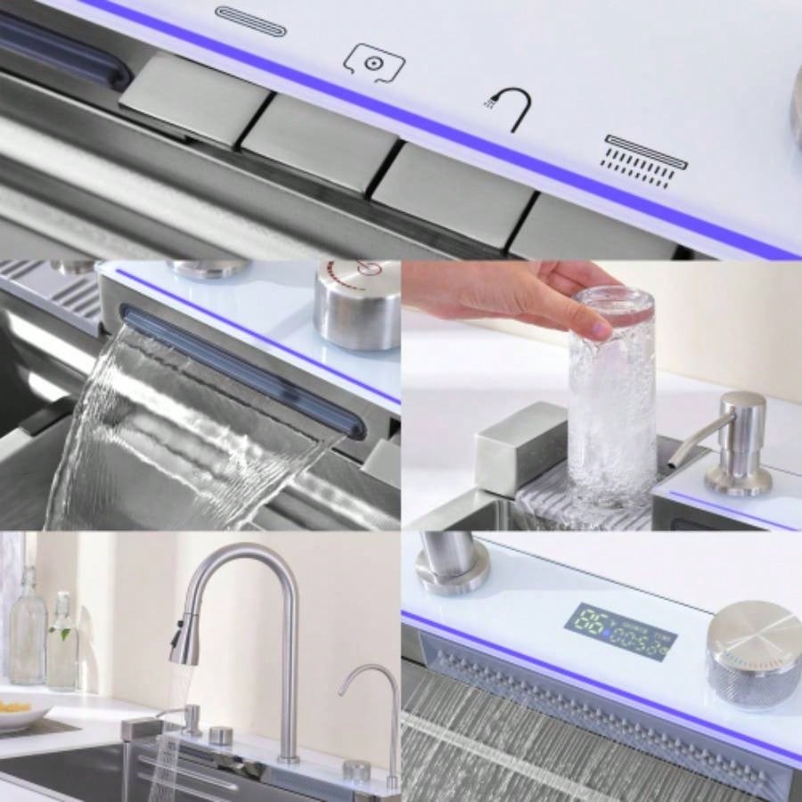 Pull - out Facuet Single Bowl Sink Kitchen Vegetable Sink 304 Whale Waterfall Sink Stainless Steel Dish Sink Vegetable Sink Household Vegetable Washing Basin, Dark Gray