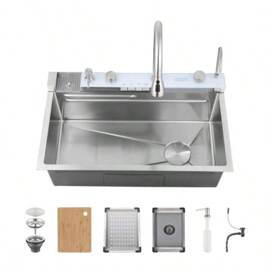 Pull - out Facuet Single Bowl Sink Kitchen Vegetable Sink 304 Whale Waterfall Sink Stainless Steel Dish Sink Vegetable Sink Household Vegetable Washing Basin, Dark Gray