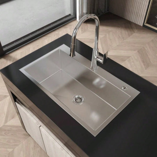 Stainless Steel Kitchen Sink, 32x19 Single Bowl, Overmount Handmade Sink in Brushed Nickel, with US Standard Drain and Hook, LS - SSBR02