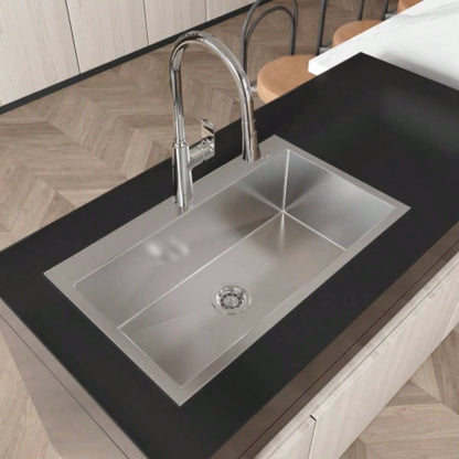 Stainless Steel Kitchen Sink, 32x19 Single Bowl, Overmount Handmade Sink in Brushed Nickel, with US Standard Drain and Hook, LS - SSBR02