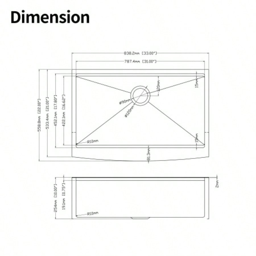 33x22x10Farmhouse Apron Single Bowl Stainless Steel Kitchen Sink with Workstation