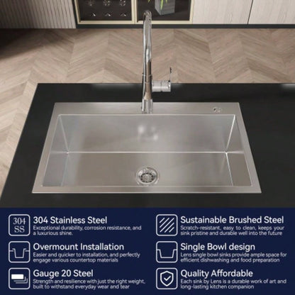 Stainless Steel Kitchen Sink, 32x19 Single Bowl, Overmount Handmade Sink in Brushed Nickel, with US Standard Drain and Hook, LS - SSBR02