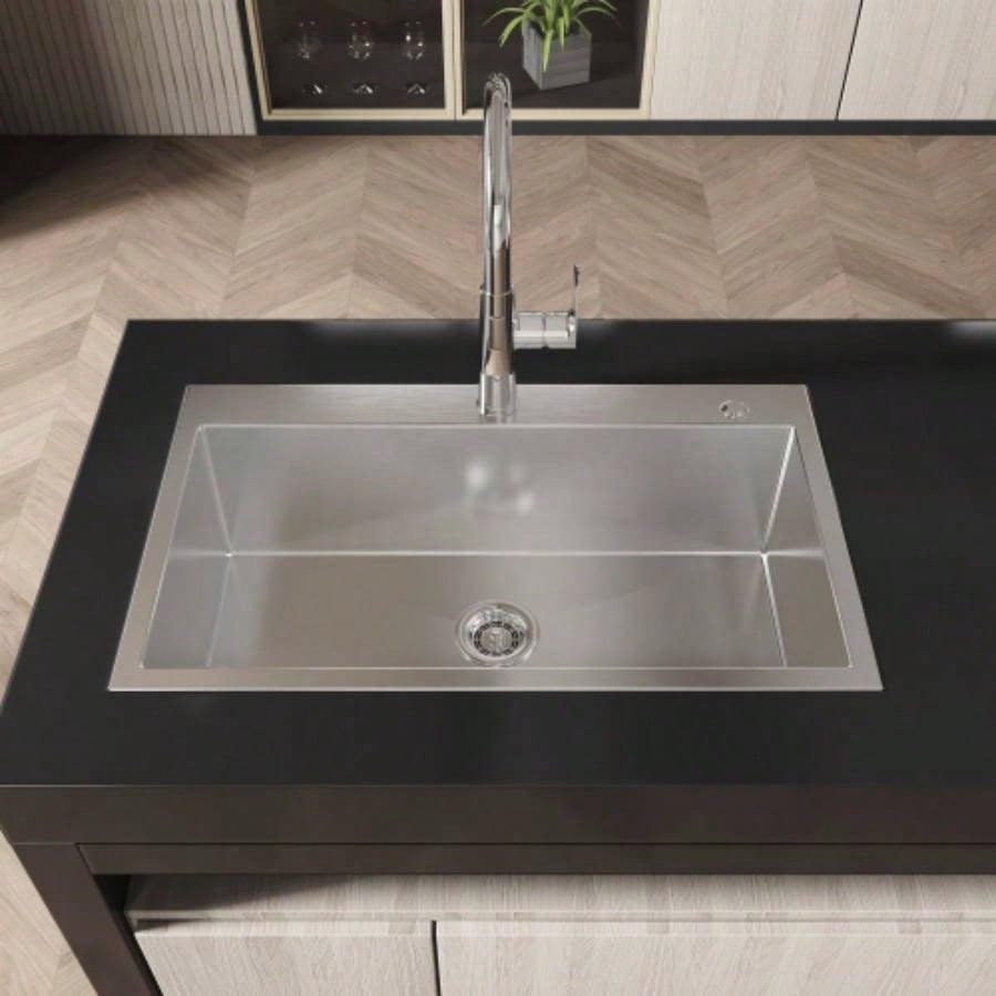 Stainless Steel Kitchen Sink, 32x19 Single Bowl, Overmount Handmade Sink in Brushed Nickel, with US Standard Drain and Hook, LS - SSBR02