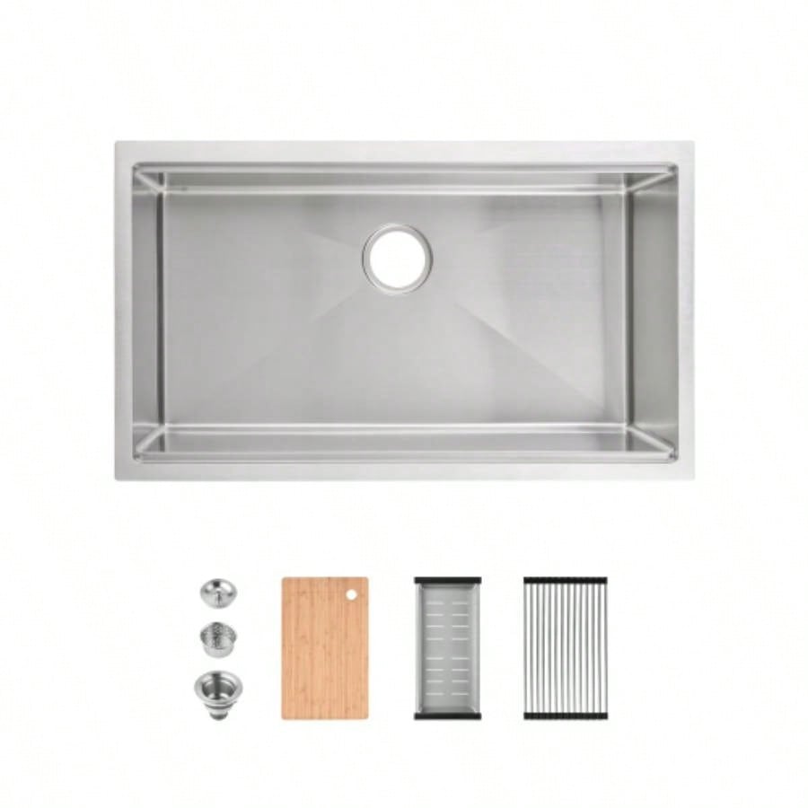 Stainless Steel Kitchen Sink, 33x19 Single Bowl, Undermount Handmade Sink in Dark Gray, with Cutting Board, Colander